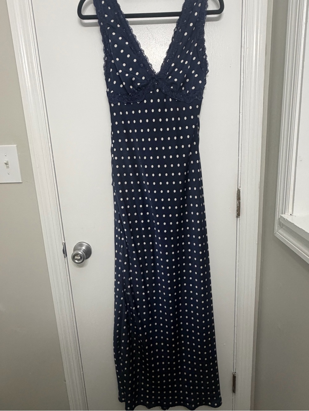 Navy Polka Dot Lace-Trim Maxi Dress